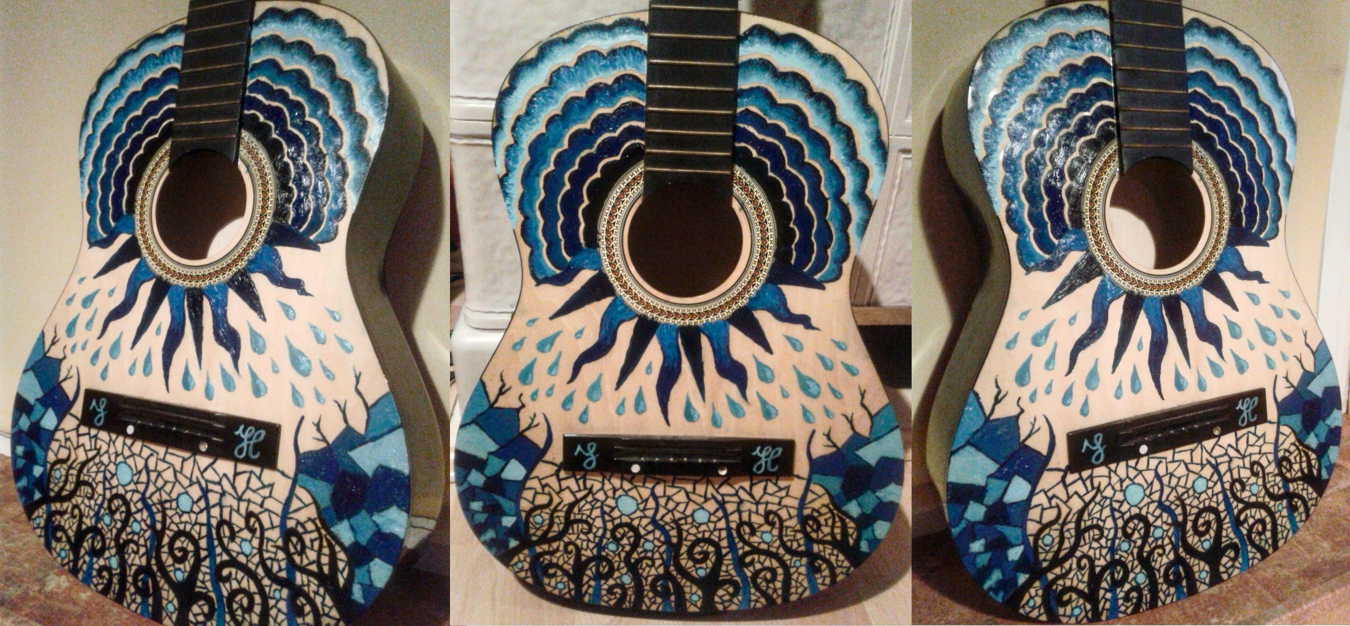 Acrylic painting Sound of Water on a guitar, inspired by flowing life-giving water.