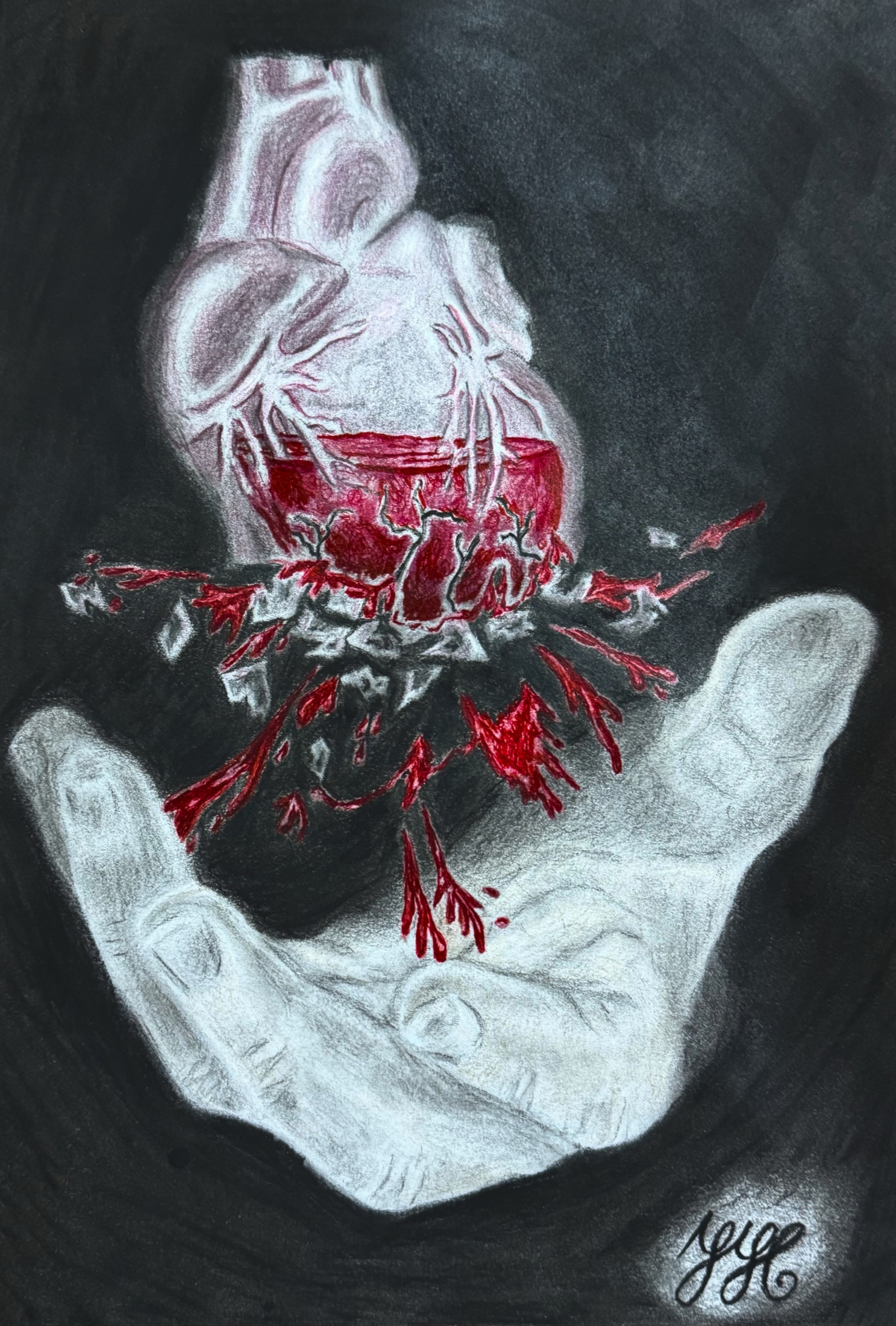 Mixed charcoal and colored pencil drawing Heart of Glass about fragility through transparency.