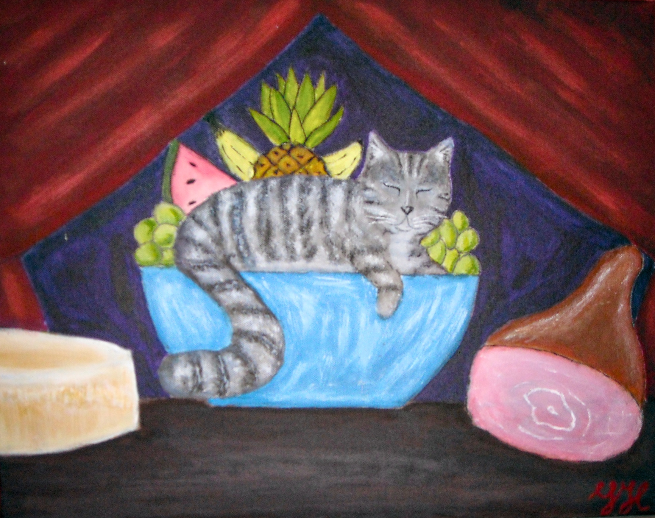 Acrylic painting Cozy Fruit Bowl with a cat nestled into a fruit bowl.