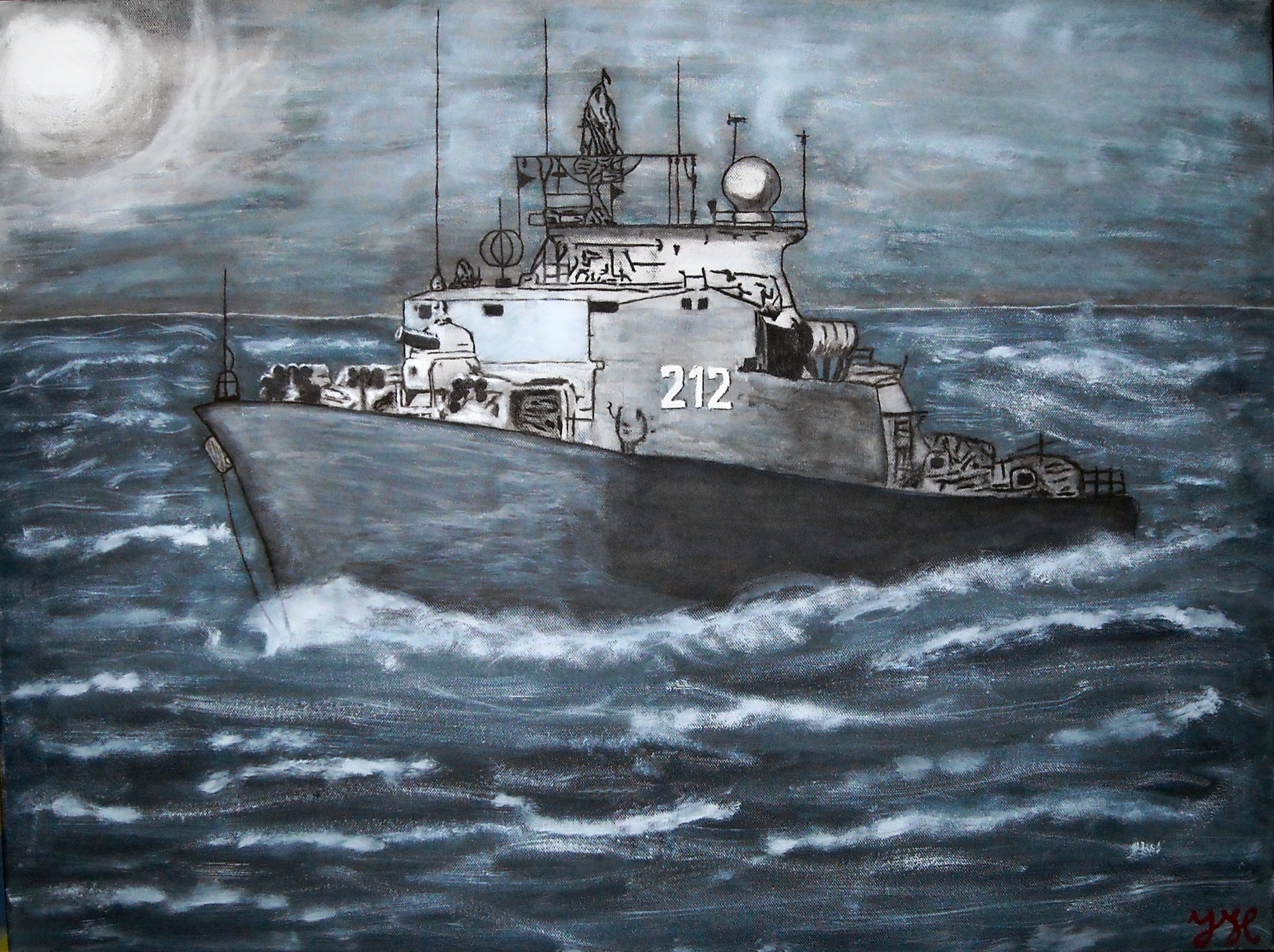 Acrylic painting Warship created as a commissioned work.