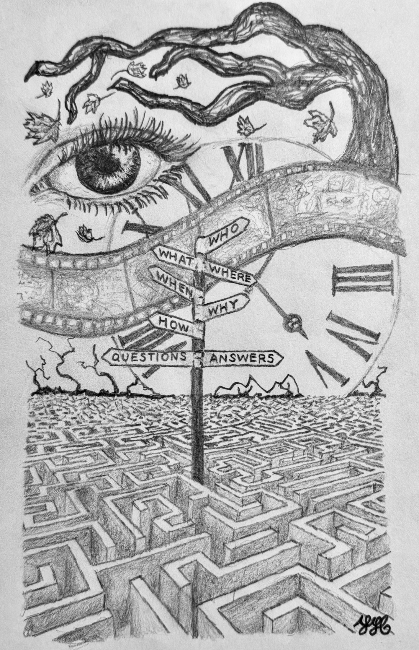 Pencil drawing Labyrinth of Life about a tangled path through confusion.