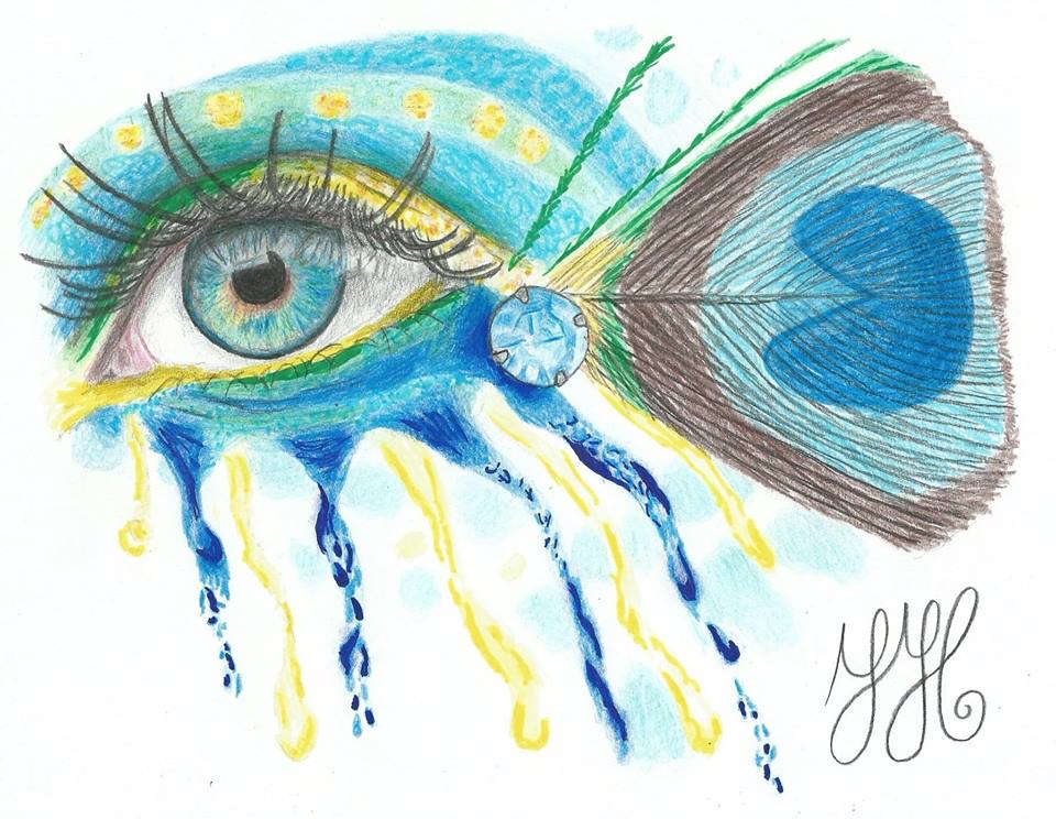 Colored pencil drawing Eye of the Peacock, balancing vigilance and beauty in flowing color.
