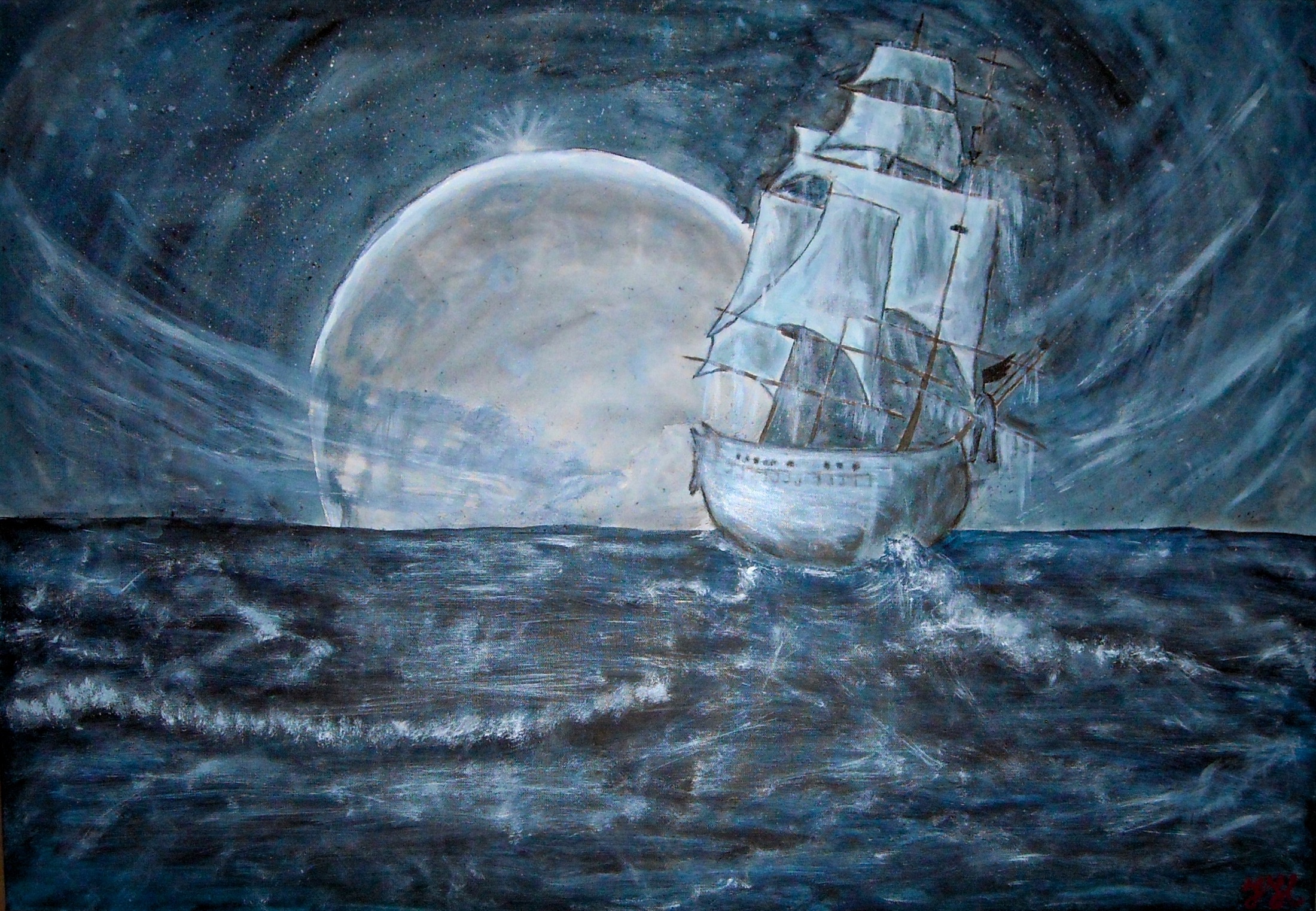 Acrylic painting Ship of Dreams, drifting from rest into distant adventure.